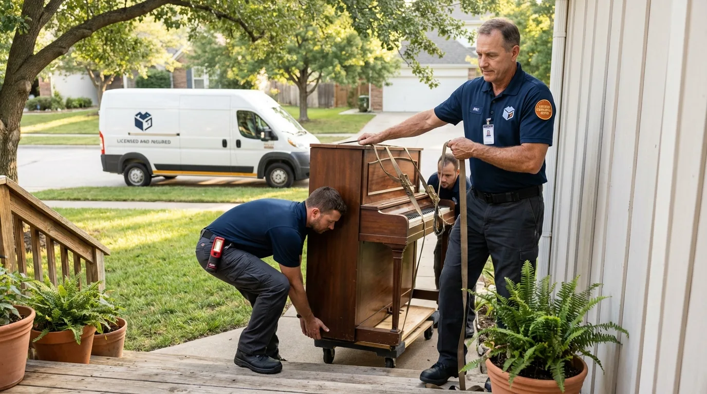 Licensed piano movers securing grand piano in Albany, OR