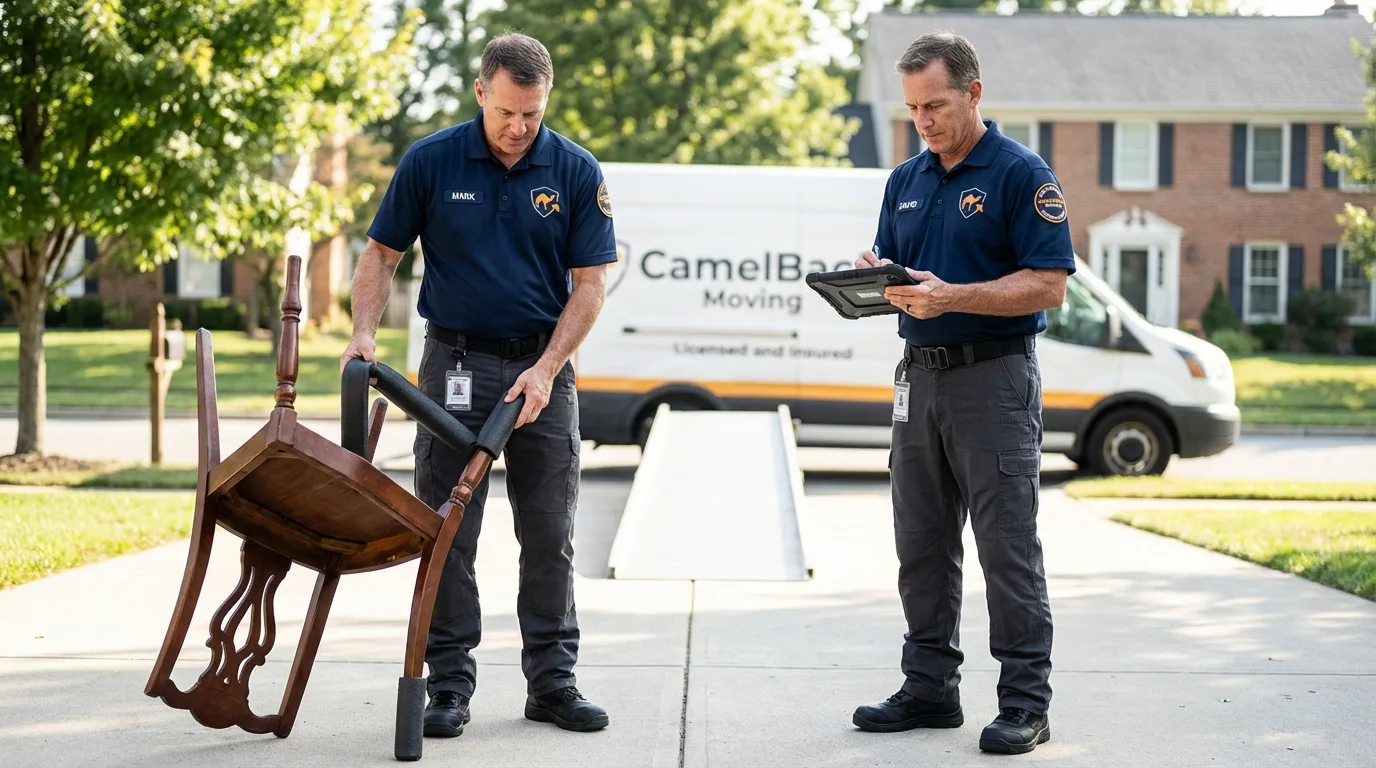 Movers inspecting furniture for damage prevention before loading in Albany, OR